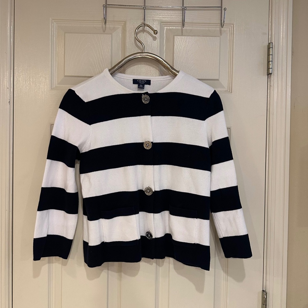 Chaps Petite Navy White Striped Cotton Cardigan Sweater Silver Crest Buttons